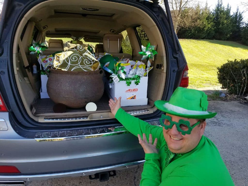 Chris with a car load of St Patrick's Day goodies to deliver